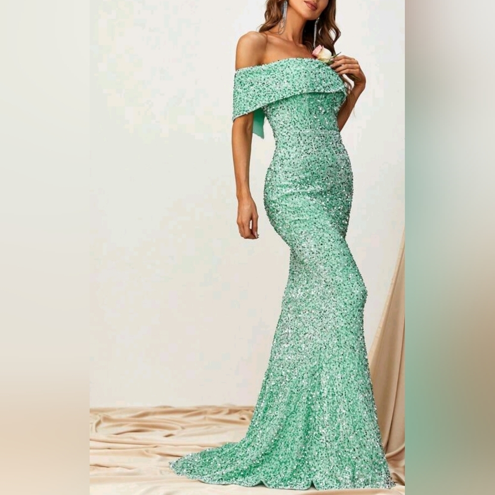 Luxe Sequin Velvet Off Shoulder Dress Mermaid Maxi Light Green - Picture 7 of 9
